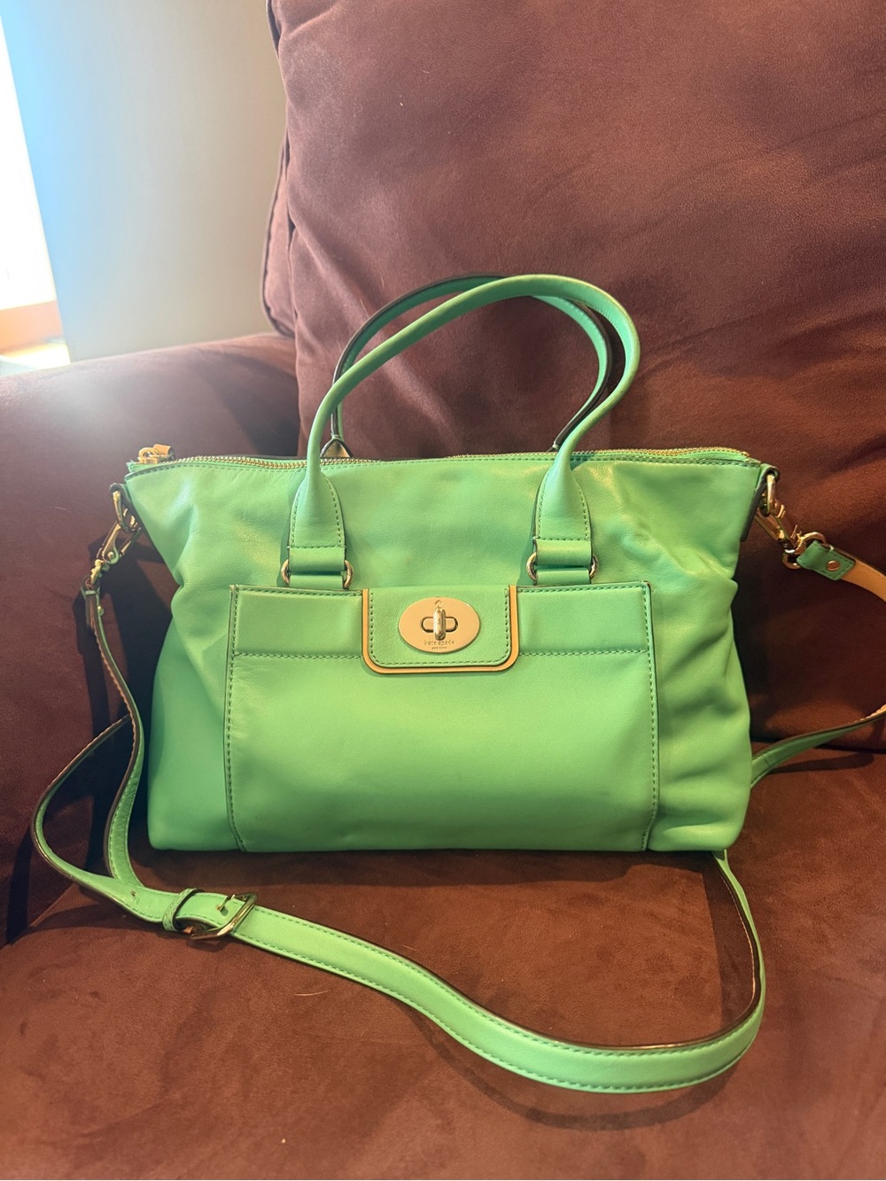 kate spade Bright LimeGreen Leather Satchel with Gold Turn-Lock